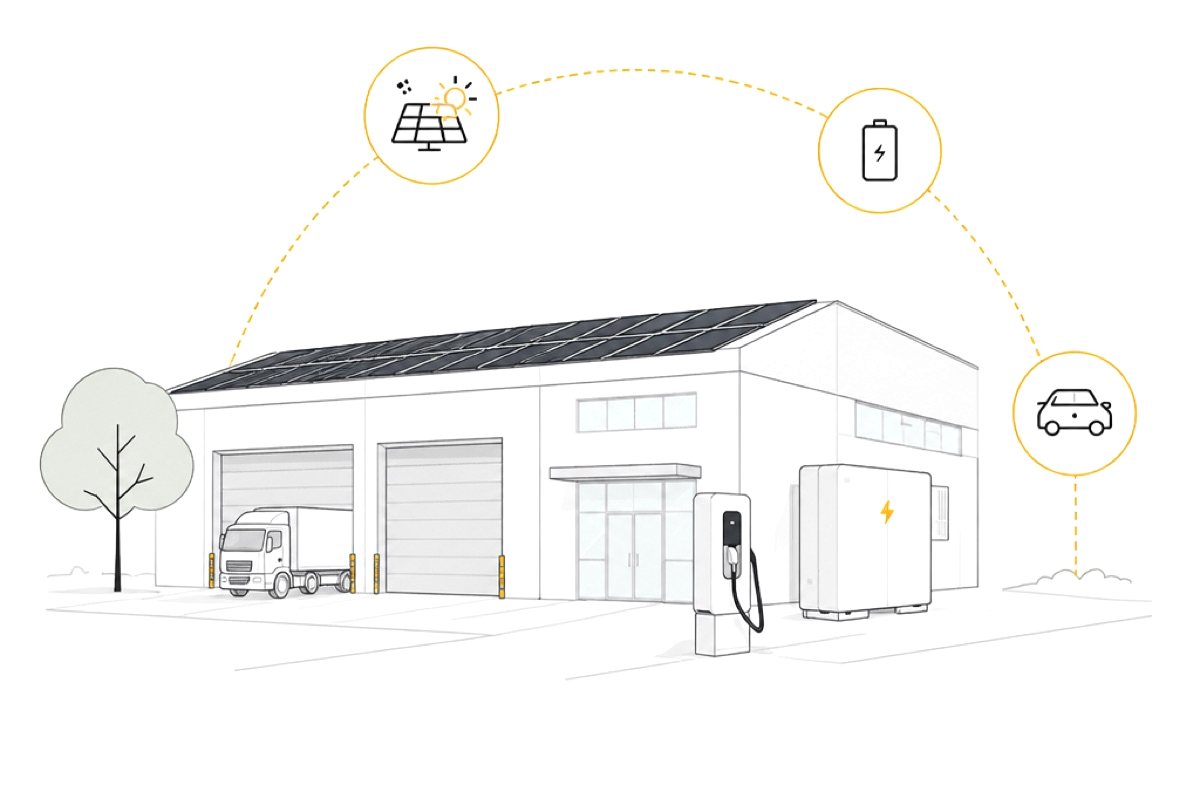 Illustration: Gewerbehalle mit Solaranlage, Speicher und Ladestation