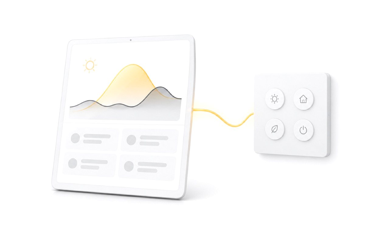 Illustration: Tablet mit Energie-Übersicht und Bedienpanel