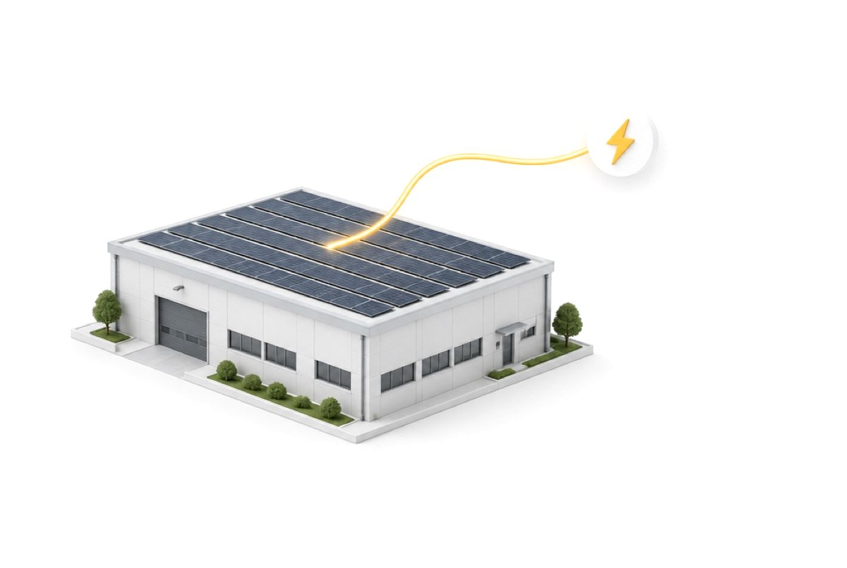 Illustration: Gewerbehalle mit Solarmodulen auf dem Dach