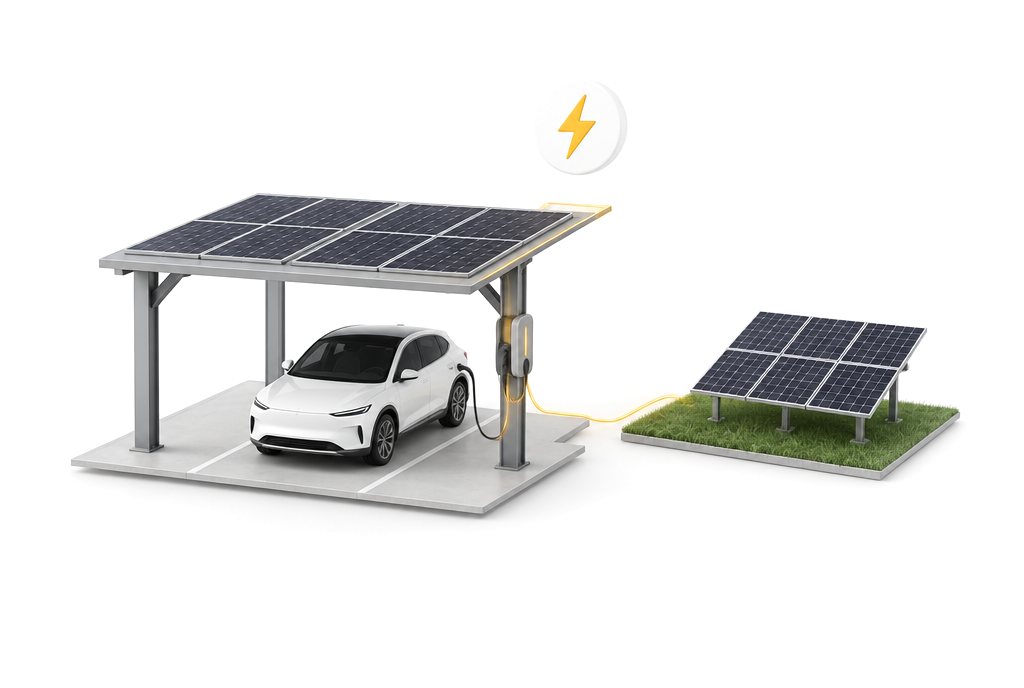 Illustration: Solar-Carport mit Ladestation und kleiner Freiflächenanlage